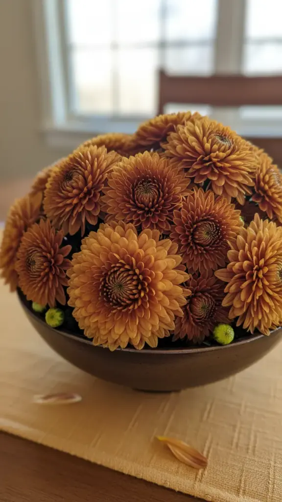 A low bowl packed with bronze and amber chrysanthemums