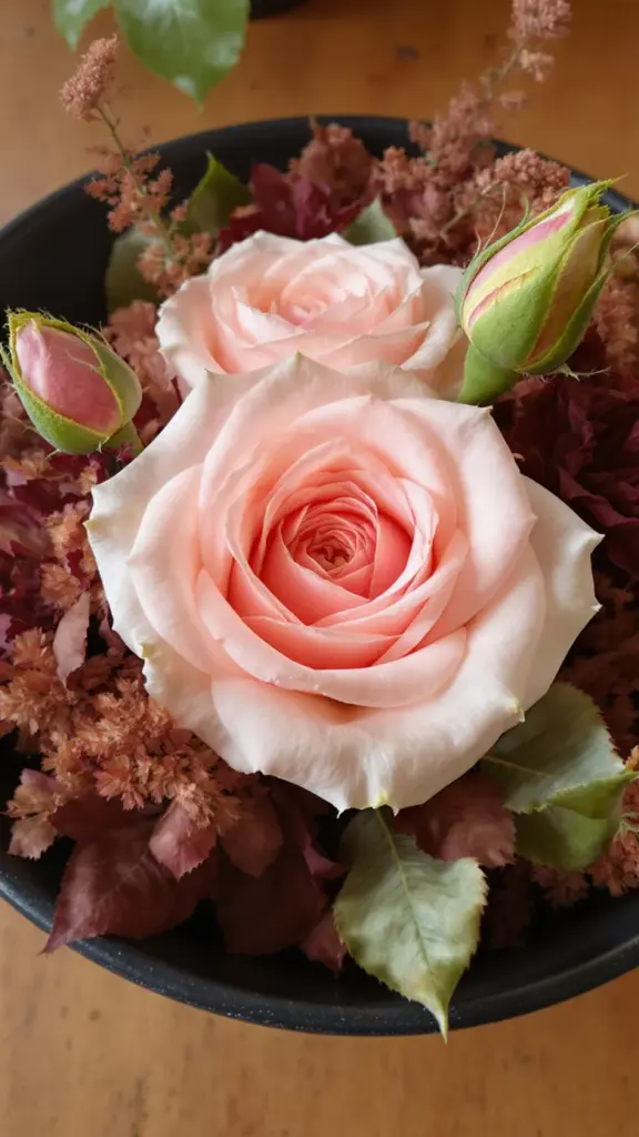 Three garden roses tucked among bronze mums in a centerpiece