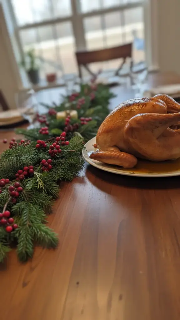 A low narrow Thanksgiving centerpiece of pine, fir, and berries beside a resting turkey