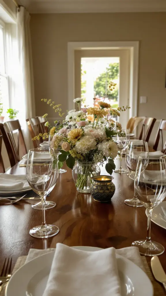 A low floral centerpiece on a dining table with clear open sightlines across it