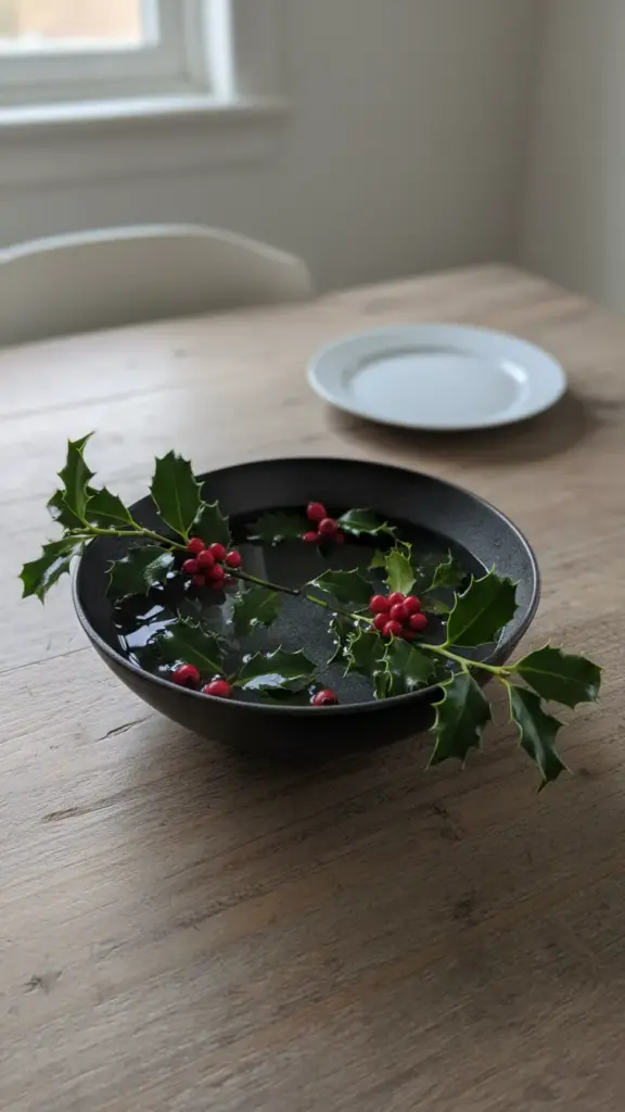 Low bowl of holly and hips sitting below eye level on a wooden table