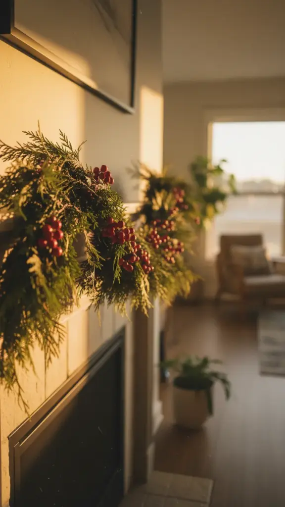 A living room mantel garland of fir and cedar with berries in warm afternoon backlight