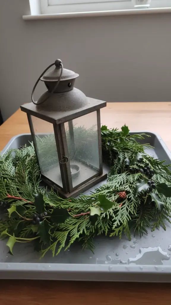 Unlit metal lantern sitting in a ring of garden cedar, holly and ivy