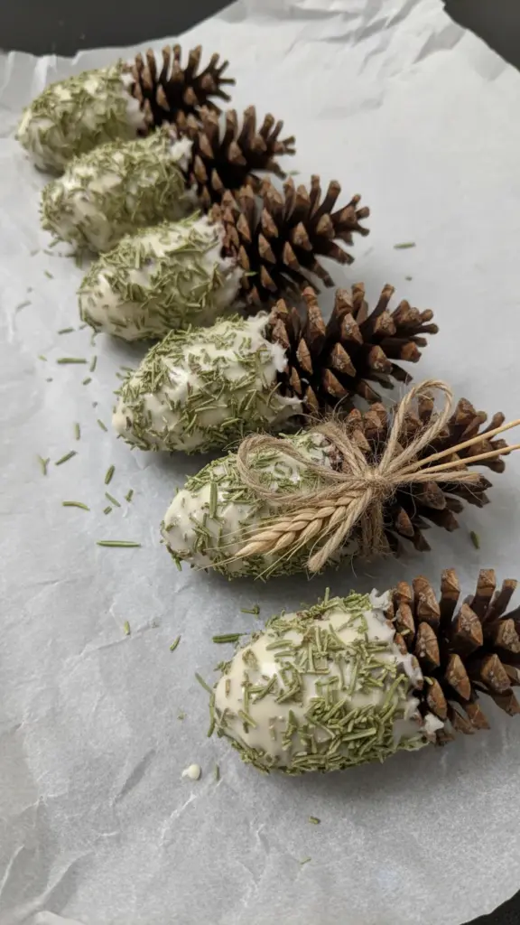 Wax-dipped pinecones rolled in dried rosemary lined up on wax paper