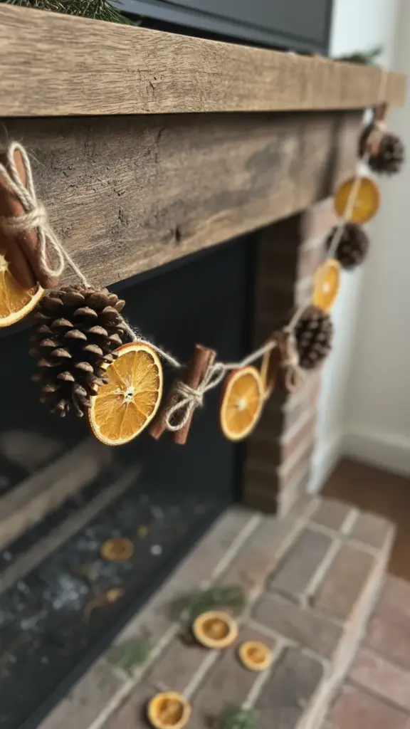 Garland of pinecones, dried orange slices, and cinnamon sticks draped on a mantel