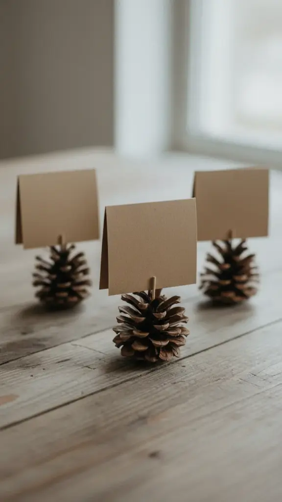 Small pinecones standing tip-down with slits gripping folded kraft place cards