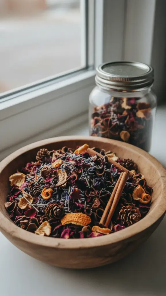 Wooden bowl of potpourri with rose petals, lavender, pinecones, and cinnamon sticks