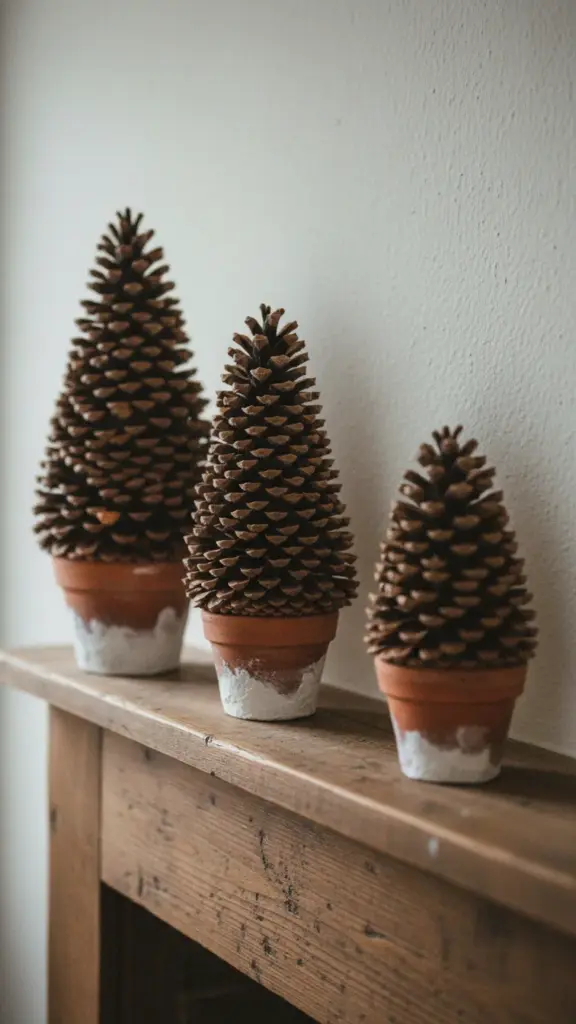 Three pinecone topiary trees of graduated heights in clay pots on a mantel