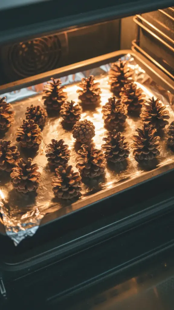 Pinecones spread on a foil-lined baking sheet, some fully open from the heat