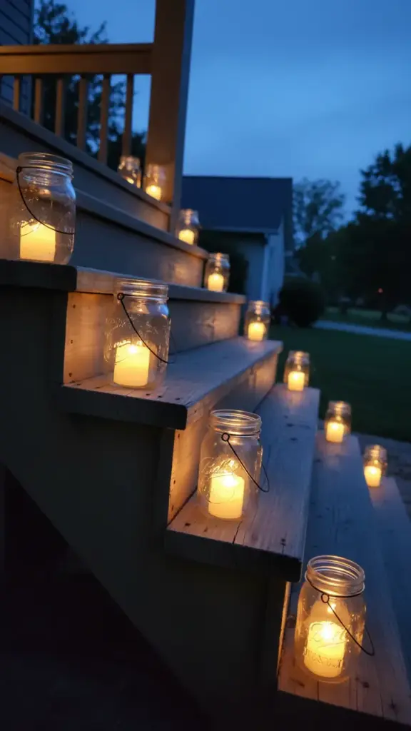 Porch steps at dusk lined with LED candles glowing in mason jars