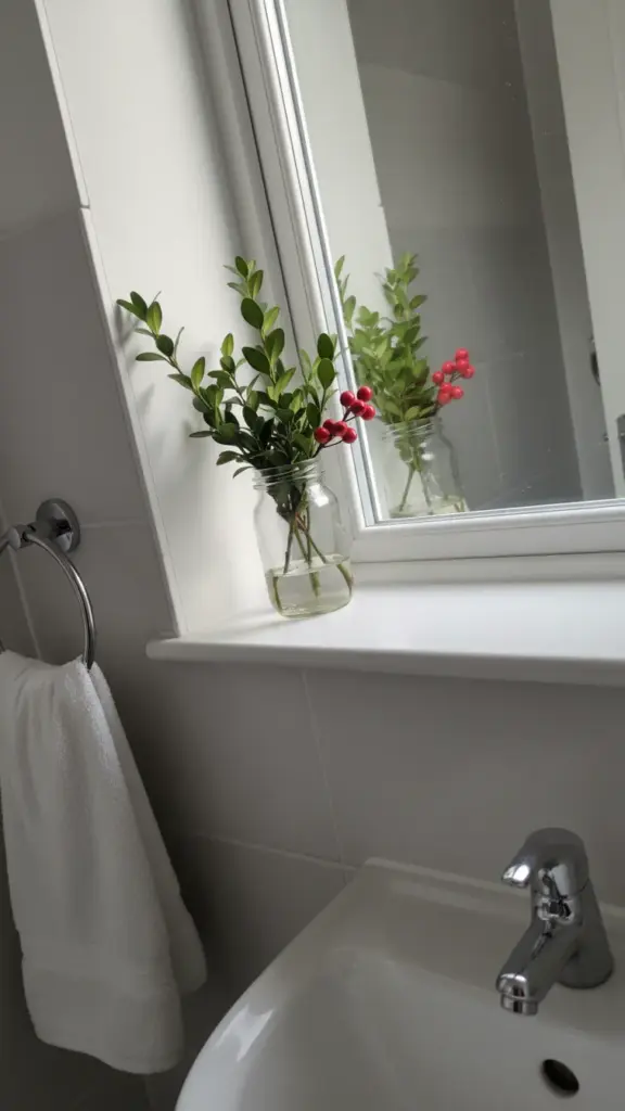A small powder room with a jar of boxwood and one holly berry stem on the windowsill
