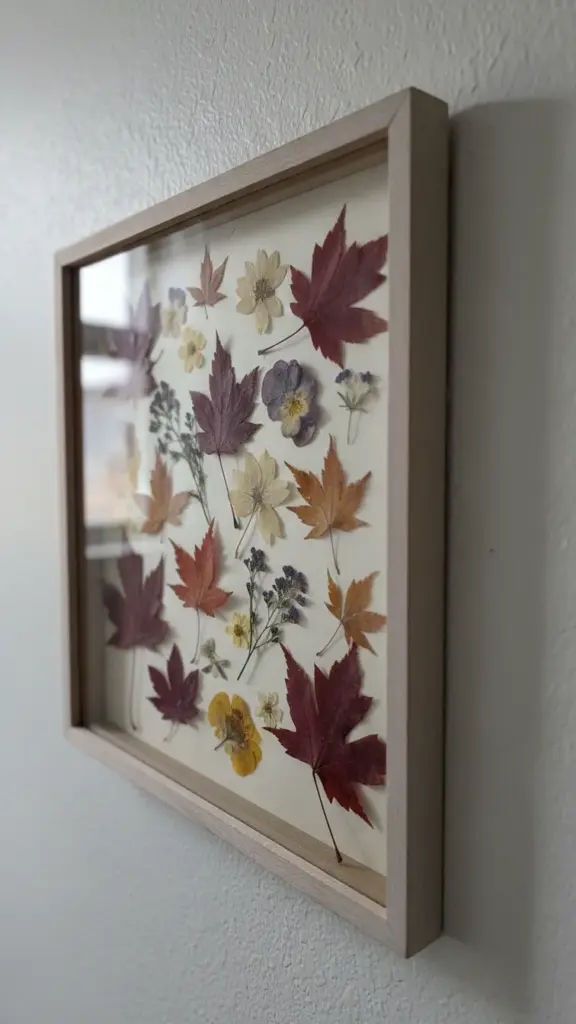 Shadow box with pressed maple leaves and dried flowers behind glass on a wall