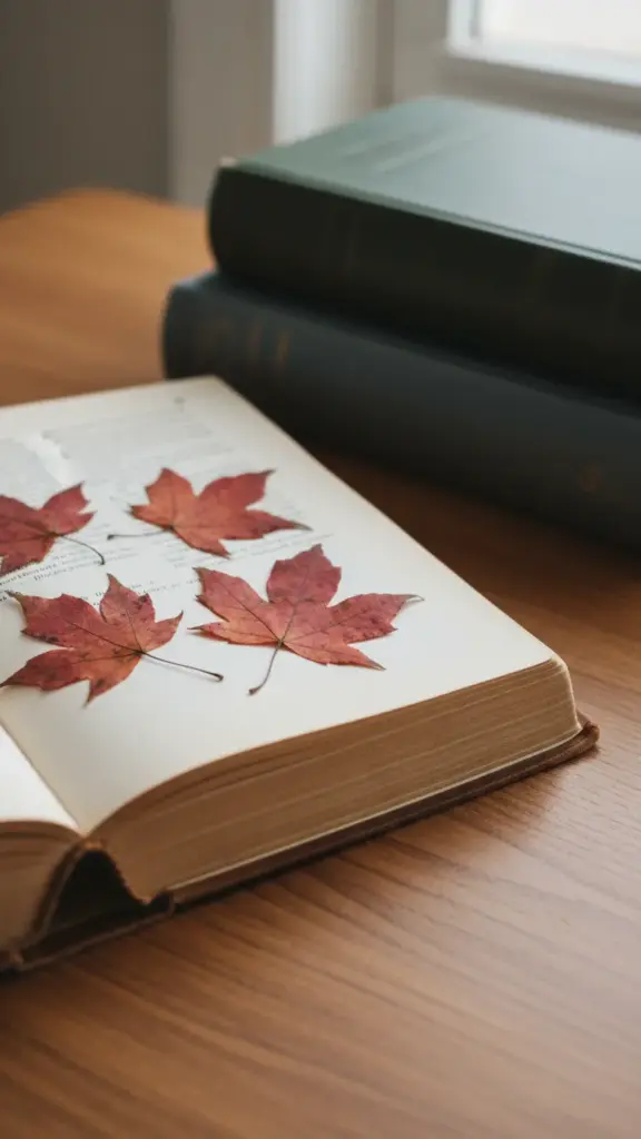 Pressed maple leaves between paper sheets inside a heavy book with more books stacked