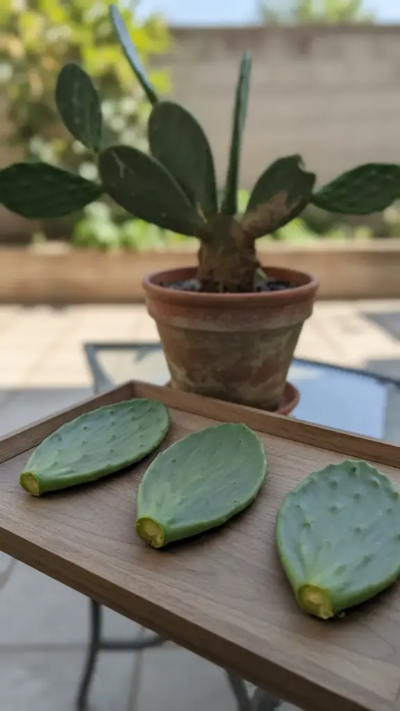 Twisted-off cactus segments on a tray beside the pruned plant