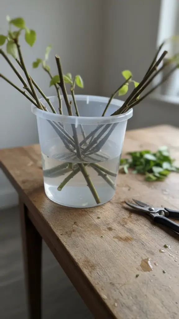 Bucket of recut garden stems resting in water with stripped leaves on the table