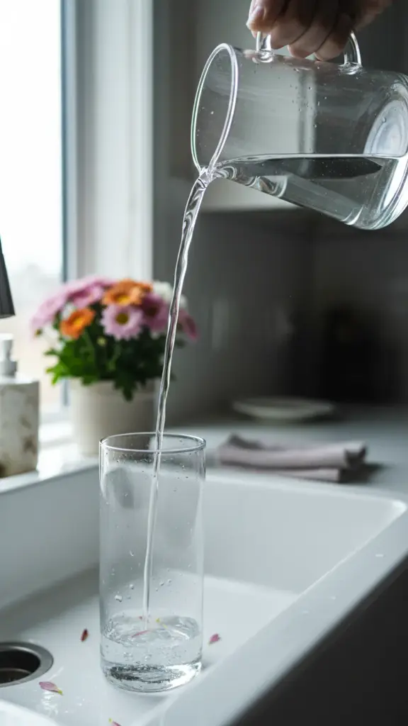 A floral vessel being refilled with fresh water at a kitchen sink