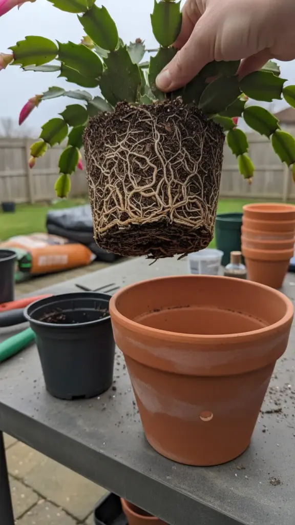 Root-bound holiday cactus beside a slightly larger empty clay pot