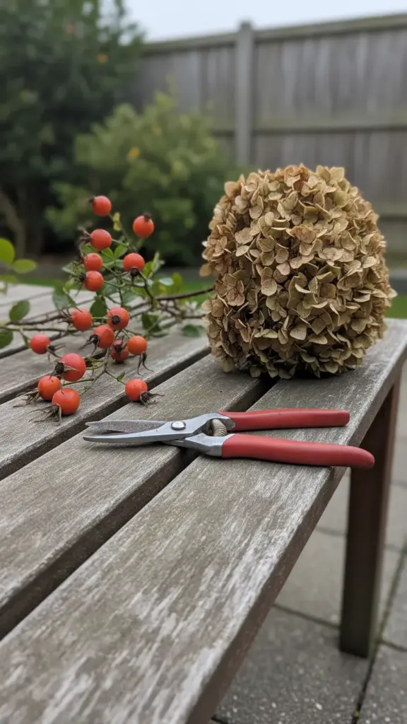 Rose hips and a dried hydrangea head on a bench with secateurs set down