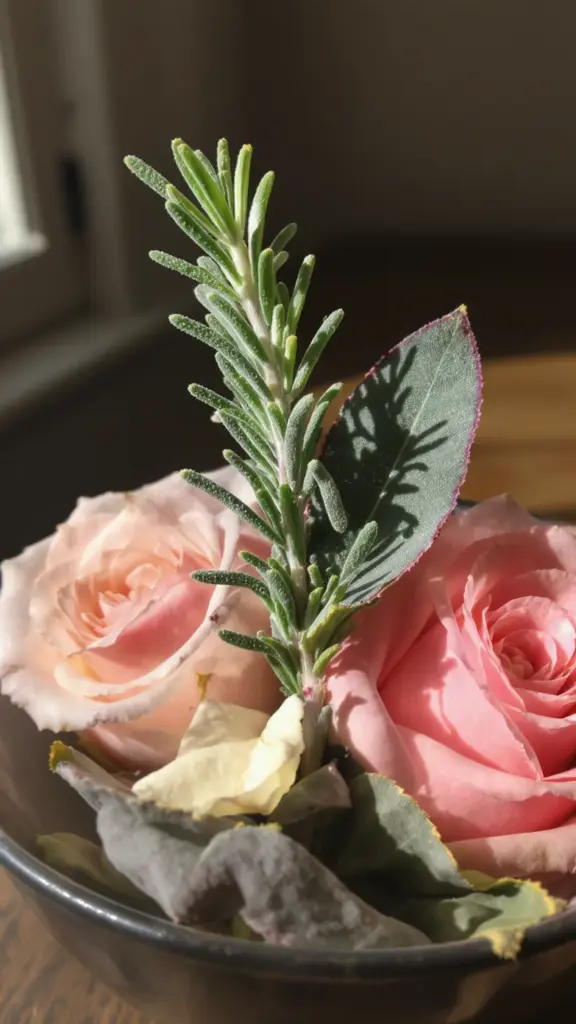 Sprigs of rosemary and sage tucked among roses in a centerpiece