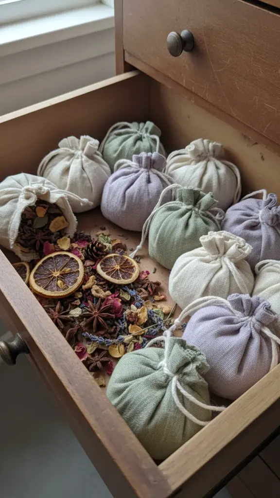 Fabric sachets tied with ribbon, one open showing dried potpourri, in a drawer