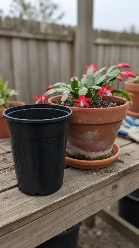 Shallow clay pot and deep plastic pot side by side for comparison