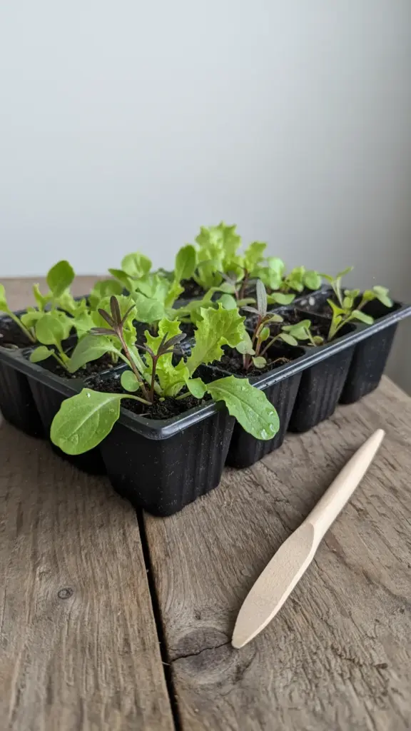 Shallow seed tray of mixed greens on a board with mix just moist
