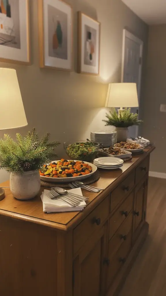 A sideboard buffet with two low pine clusters at the ends framing serving dishes