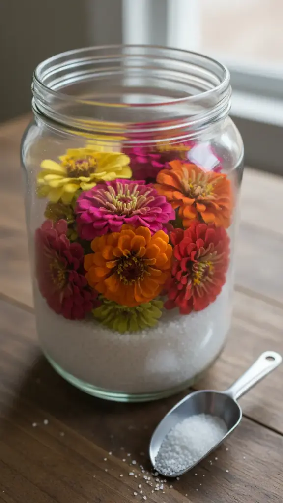  Zinnia heads buried face up in silica gel crystals inside a clear glass container