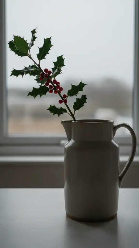 One holly branch in a heavy jug of water with submerged leaves stripped