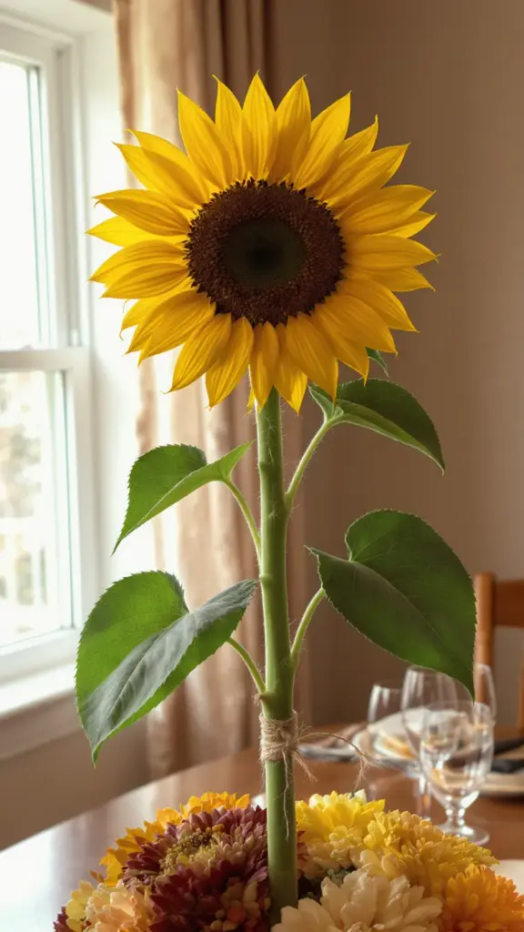 One sunflower rising just above a mum centerpiece on a dining table