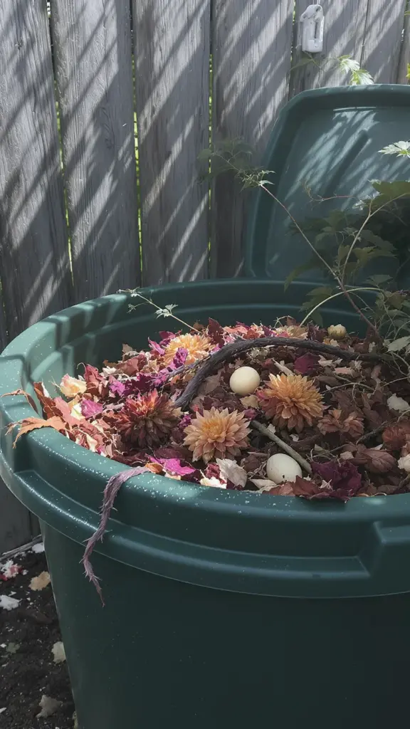 Spent flower petals being stripped into a compost bin on Friday morning