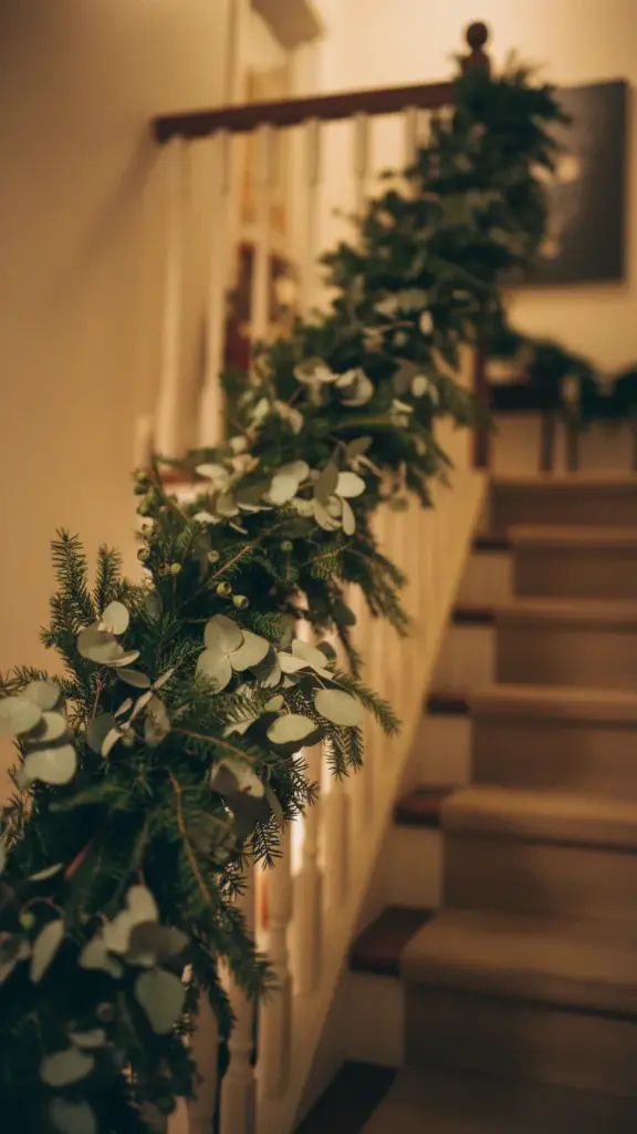 A staircase banister wrapped with a pine garland woven with eucalyptus