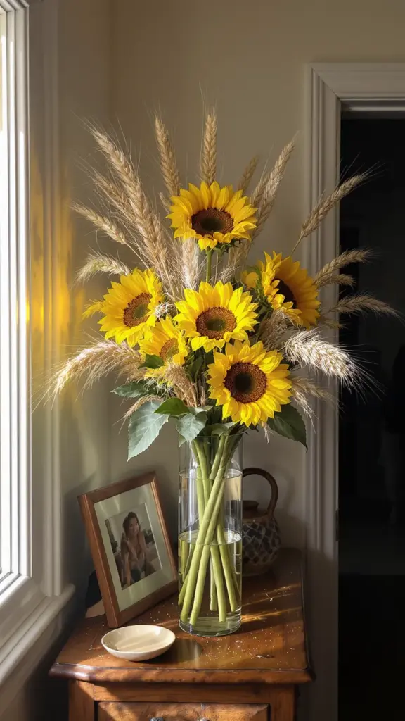 A tall dramatic arrangement of sunflowers and wheat on a sideboard