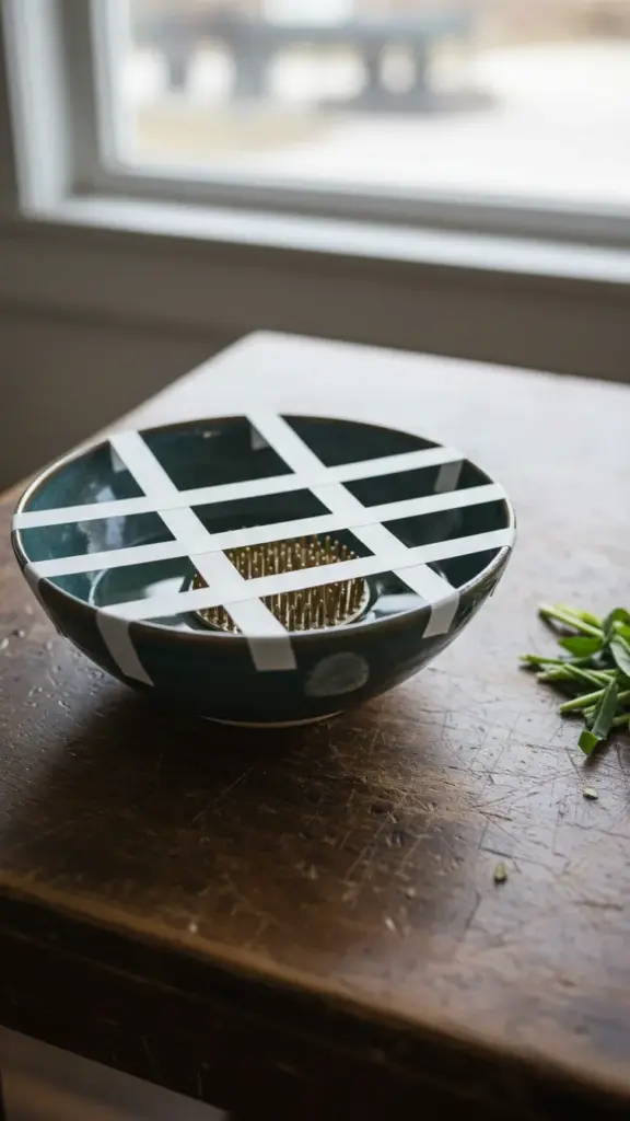 A low bowl with a floral tape grid across the mouth, metal flower frog beside it