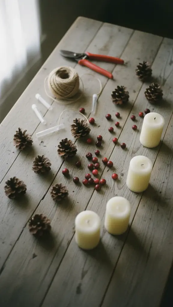 Flat lay of Thanksgiving decorating supplies on a wooden table