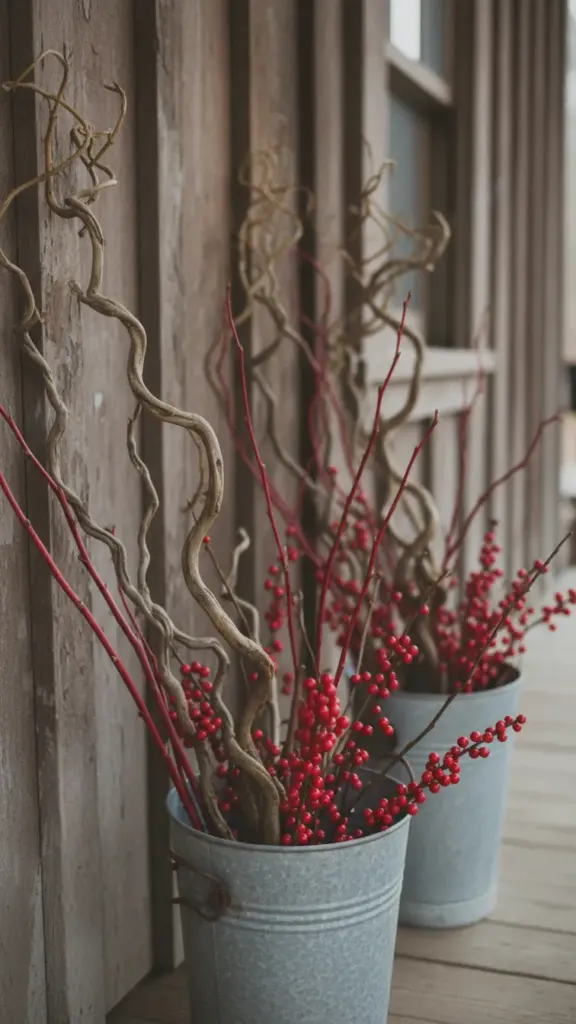 Galvanized buckets filled with tall branches and red berries