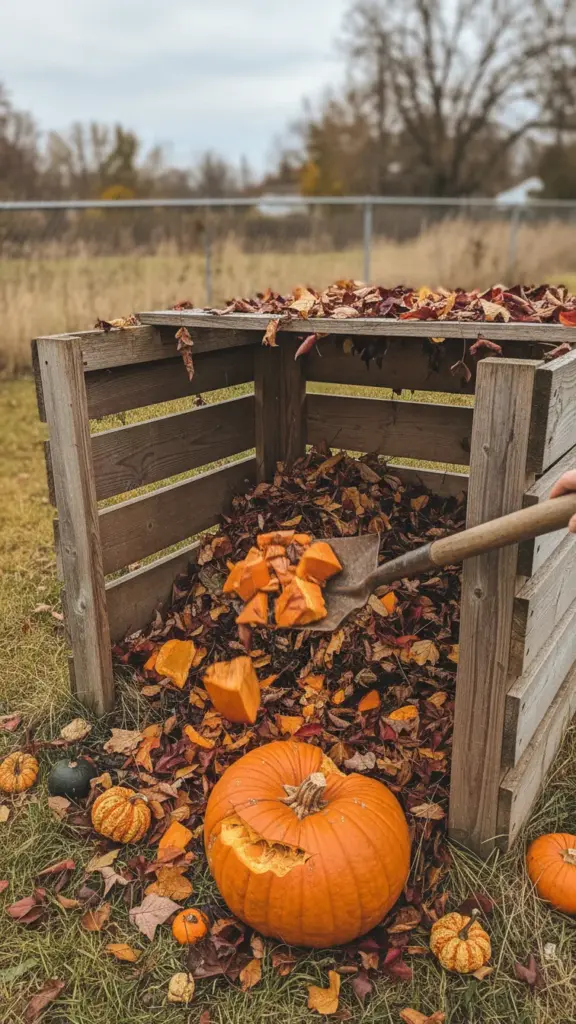 Spent pumpkins chopped and added to a compost bin with dry leaves