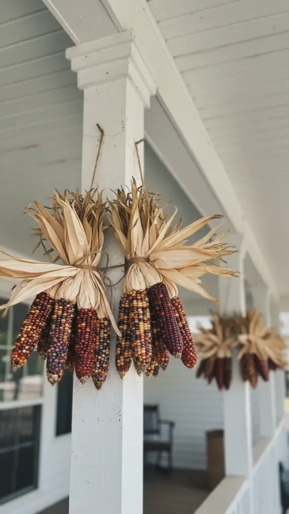 Dried ornamental corn bundles tied with twine on porch posts