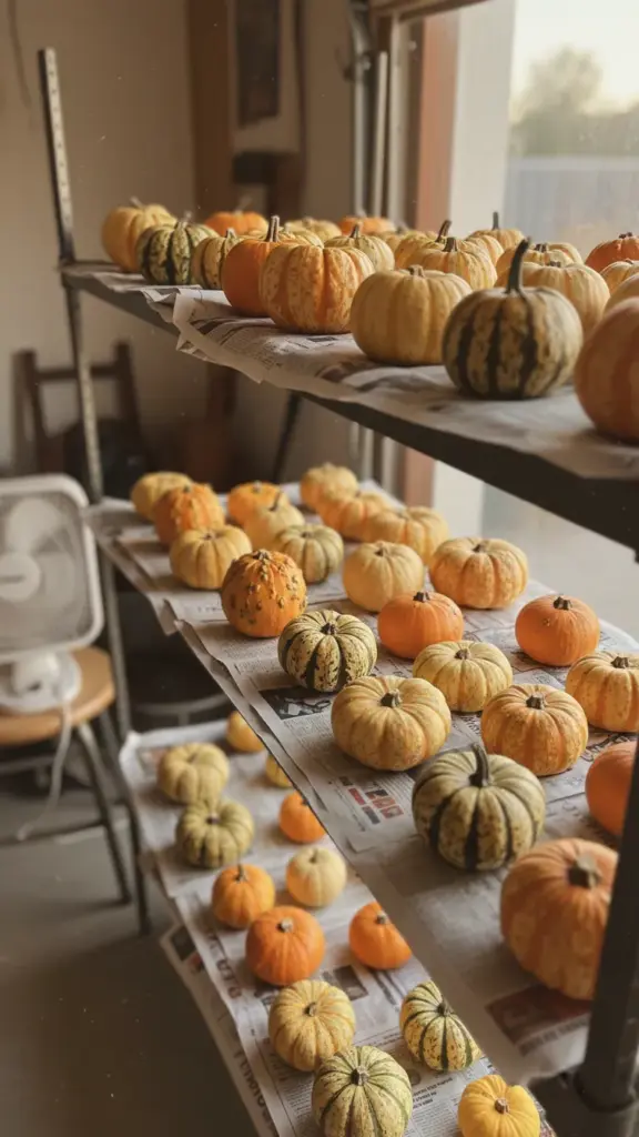 Gourds curing in a single layer on shelves in a dry garage