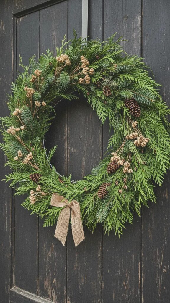 A lush evergreen wreath made from foraged cedar and fir on a front door