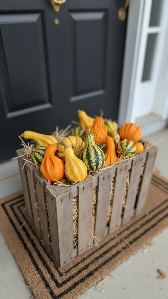 A wooden crate overflowing with ornamental gourds by the front door