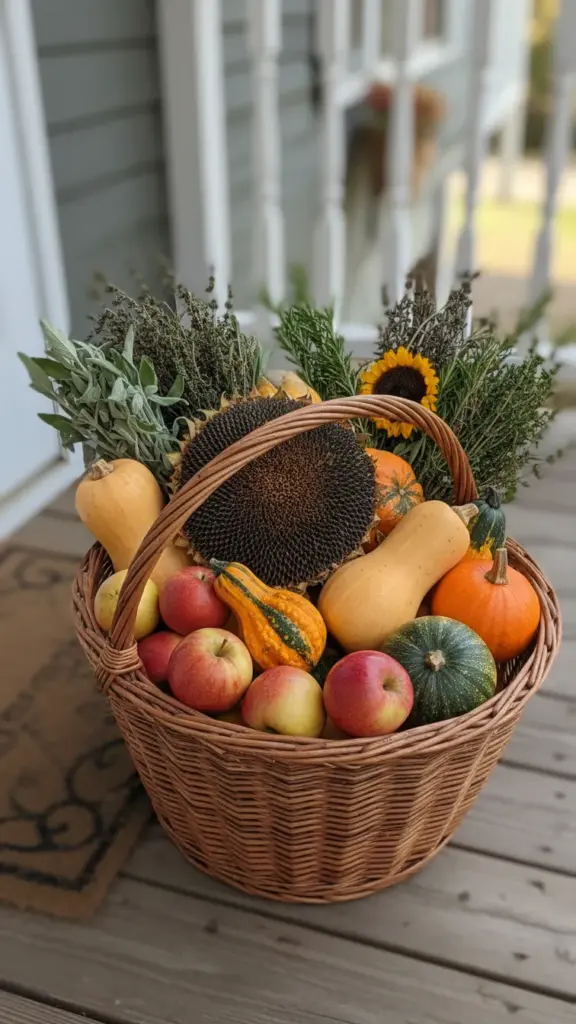 A harvest basket filled with apples, squash, and dried herbs by the door