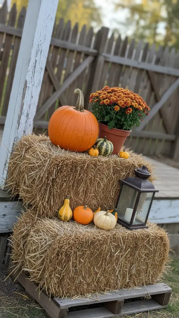 Straw bales stacked as a tiered display base for pumpkins and mums