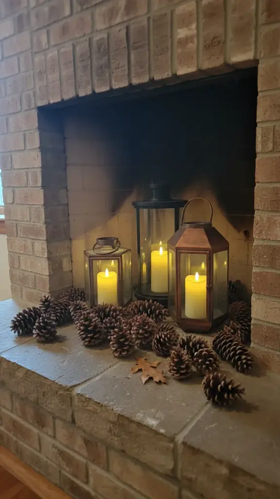 Lanterns of varying heights clustered inside an unlit fireplace