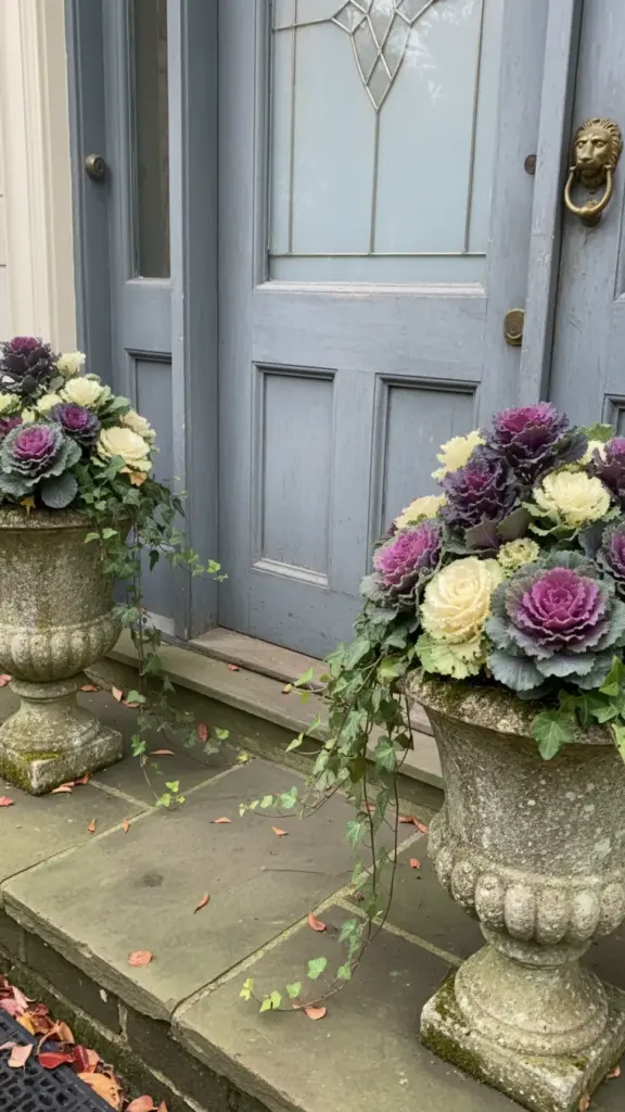 Stone urns planted with colorful ornamental kale by the front door
