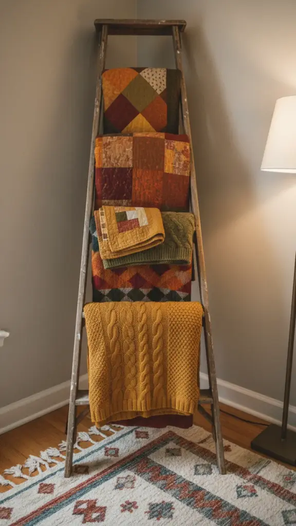 A rustic wooden ladder draped with folded blankets in a corner