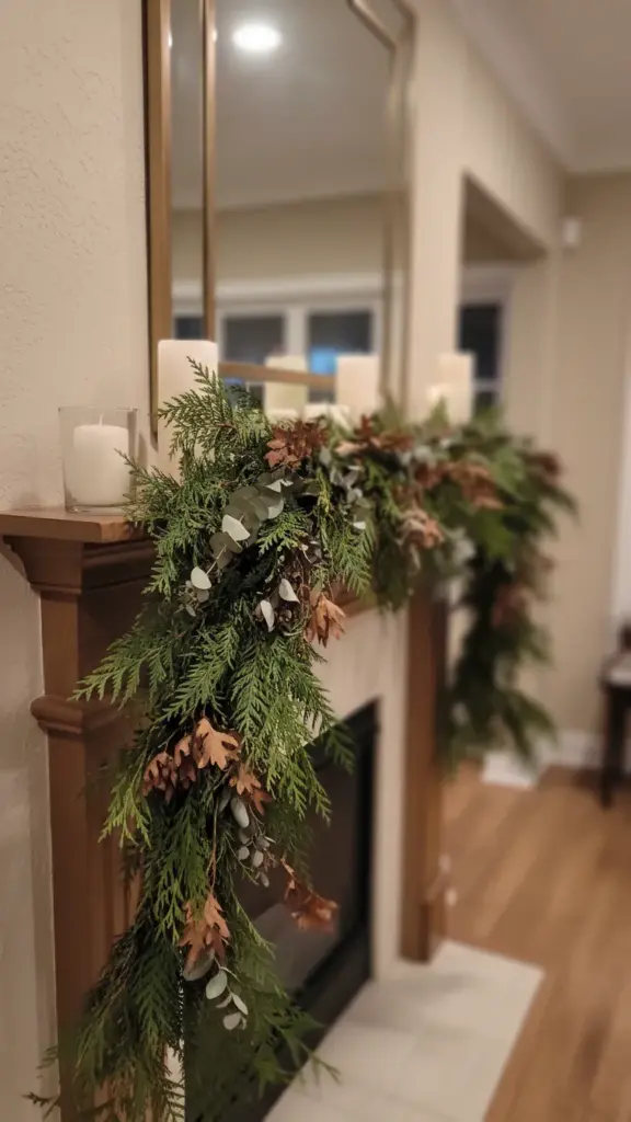 A cedar and eucalyptus garland draped along a wooden mantel