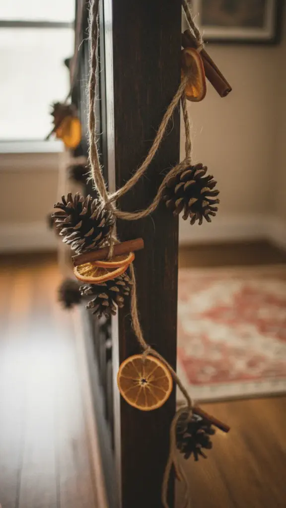 A pinecone garland strung along an indoor stair rail