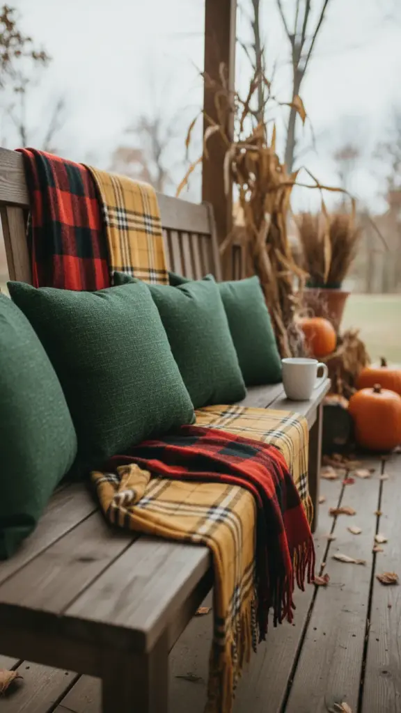 A porch bench layered with plaid throws and outdoor pillows