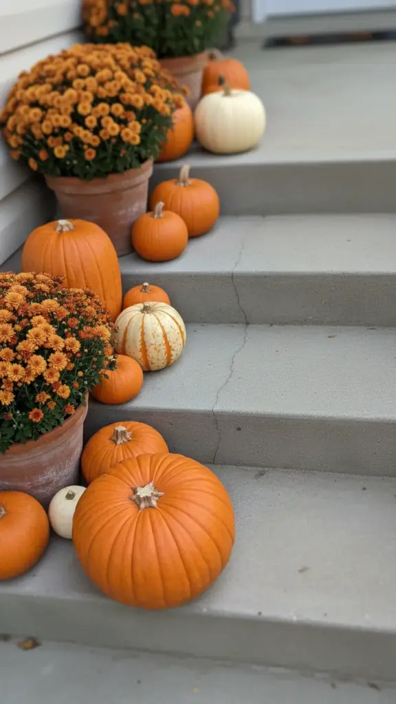 Pumpkins and mums arranged in clusters along porch steps